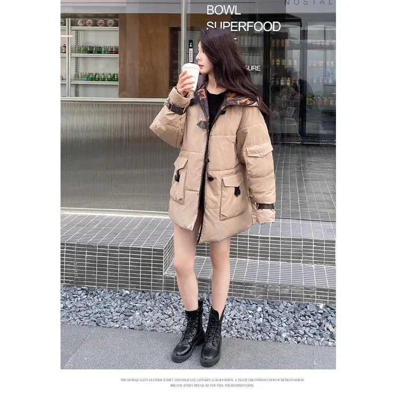 Workwear Thigh-Length Color Blocking Thickened Parka