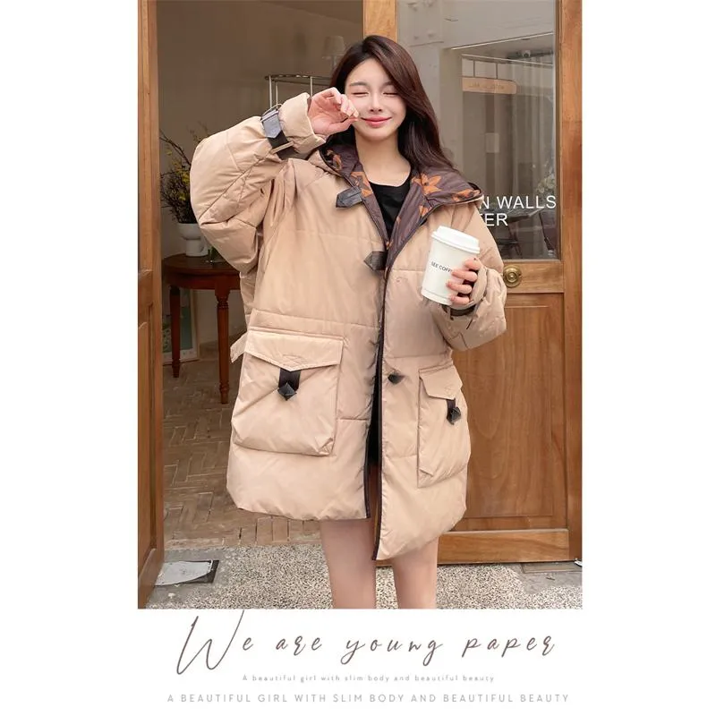 Workwear Thigh-Length Color Blocking Thickened Parka