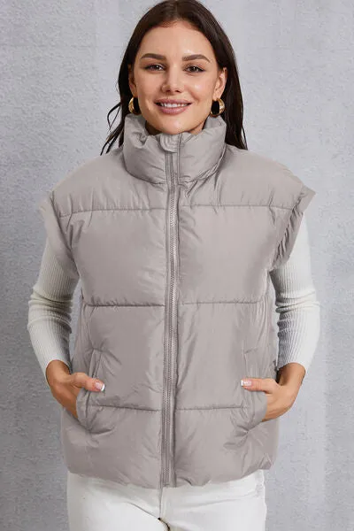 Zip Up Turtleneck Pocketed Vest Coat